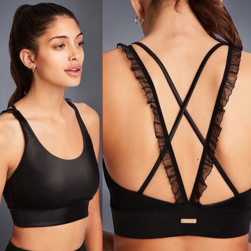 NEW Alala Ribbon Bra Shiny‎ Black Racerback Athletic Dainty Feminine Edgy L